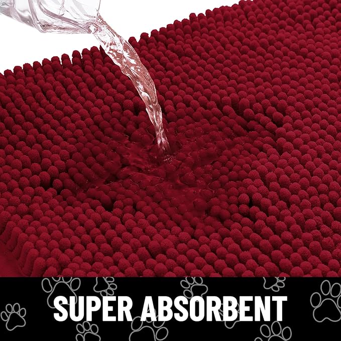 Smiry Dog Door Mat for Muddy Paws, Absorbent Dirt Trapper Non Slip Quick Dry Washable Chenille Mat for Mud Dogs, Entry Rug for Indoor and Outdoor (30x20 Inches, Red and White)