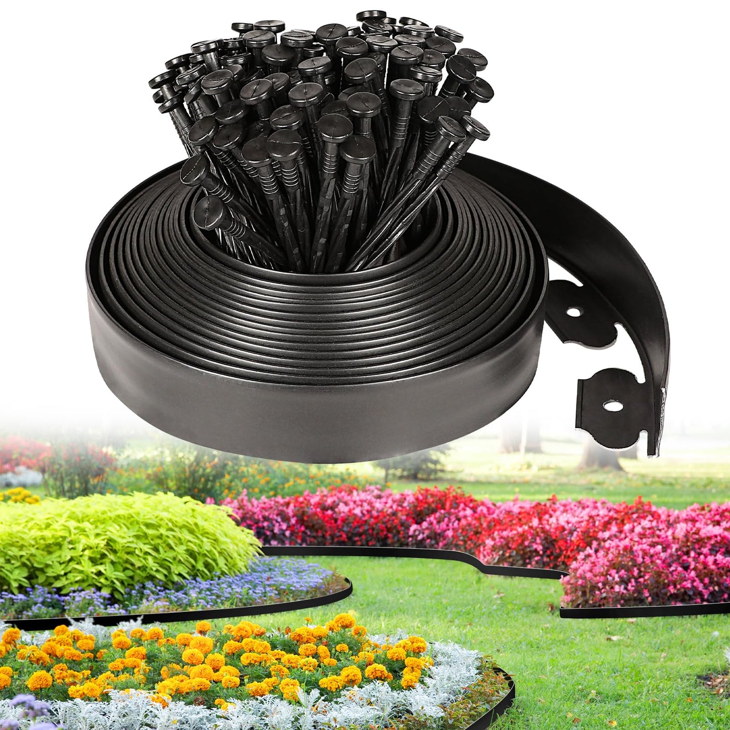 JERIA 2 Inch Tall 33 FT Garden Edging Kit with 45pcs Spikes, Plastic Edging for Landscaping