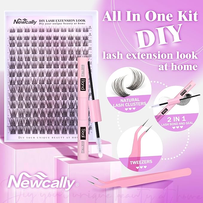Natural Lash Clusters Kit DIY Lash Extension Kit Wispy Cluster Eyelash Extension 10-16MM C-curly Individual Lashes Kit Lash Bond and Seal by Newcally