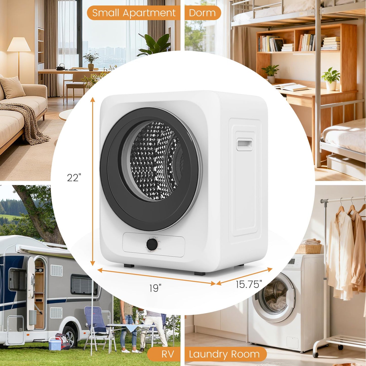 VCJ Portable Clothes Dryer for Apartment, 1.5 Cu.ft Compact Mini Electric Dryer with 5 Drying Modes, Stainless Steel Tub, Simple Knob Control, Dryer Machine for Dorm, RV, Small Space