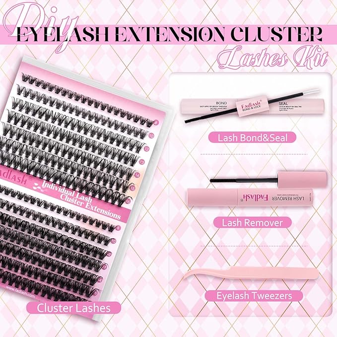 DIY Lash Extensions Kit, Lash Clusters Individual, Lash Bond and Seal, Clusters Lash Glue Remover and Eyelash Tweezers for Eyelash Extensions Beginners (30D+40D-0.07D, 8-16mm, Kit)