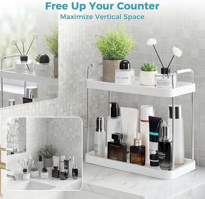 Vtopmart 2-Tier Bathroom Countertop Organizer, Vanity Dresser Counter Tray Shelf for Skincare, Perfume, Makeup, Silver