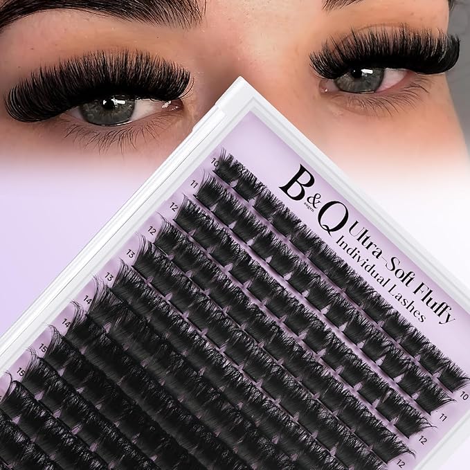 B&Q Fluffy Lash Clusters Thick 200D, Volume Eyelash Clusters 10-18mm, D Curl Cluster Eyelash Extensions, Supersoft Individual Lashes Wispy Cluster Lashes Dramatic Full Look Eyelash（200D）