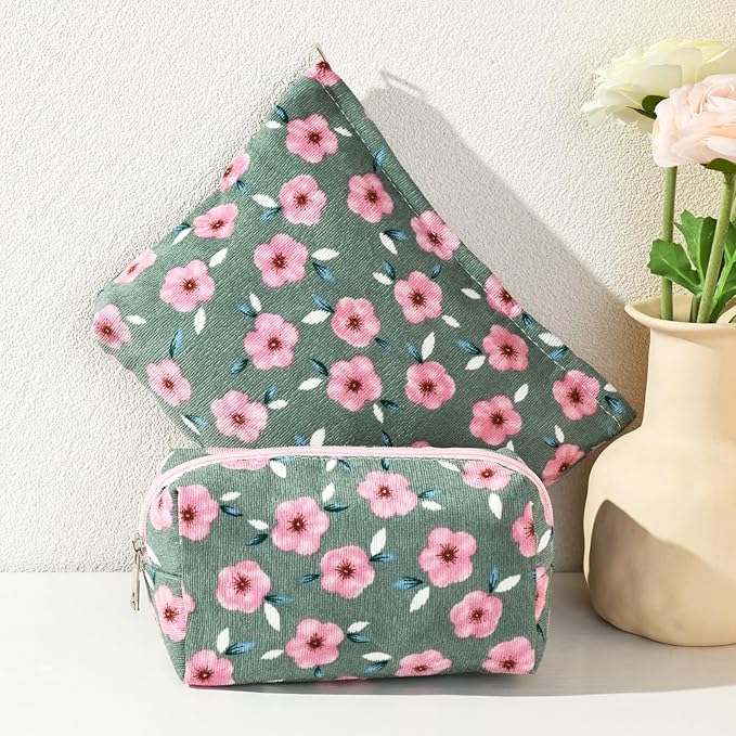 SOIDRAM 2 Pieces Sakura Makeup Bag Large Cosmetic Bag Capacity Canvas Mix Travel Toiletry Bag Organizer Cute Makeup Brushes Aesthetic Accessories Storage Bag for Women, Sakura Mix Green