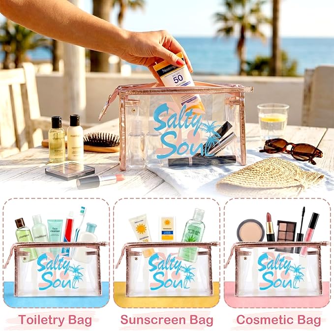 COSHAYSOO Sunscreen Bag Clear Makeup Toiletry Pouch Beach Vacation Essentials for Women Teen Girls Trip Gifts Summer Pool Travel Must Have Accessories Waterproof Stuff
