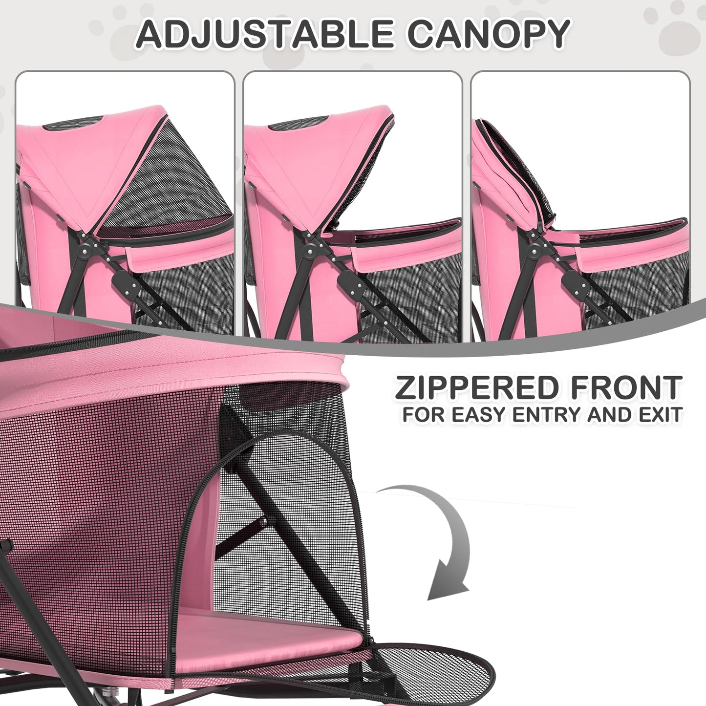 MoNiBloom 4 Wheels Pet Stroller, Easy-Fold Puppy Cage Jogger Stroller with Sun Cover, Pad and Rear Storage Bag, Breathable and Visible Mesh for Small/Medium Pets up to 22 lbs, Pink