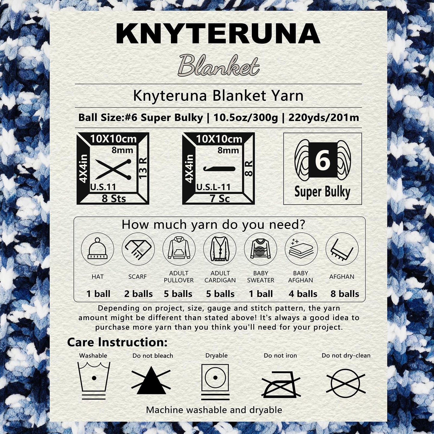 Knyteruna #6 Super Bulky Blanket Yarn for Crocheting - 4 Skeins(Each 10.5oz/300g, 220yds/201m), Chunky Chenille Thick Plush Big Soft Yarn for Crocheting Knitting Blankets, Khaki & Blue & White