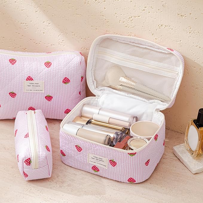 HBselect Quilted Makeup Bag, 3PCS Cotton Large Travel Makeup Bag, Cute Floral Coquette Make up Bag Cosmetic Bag Toiletry Bag for Women Girls