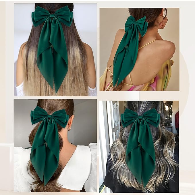 6Pcs Large Bows Hair Clips for Women Girls Long Tail Hair Ribbon Silky Satin Barrettes Coquette Bows Accessories (Atrovirens)
