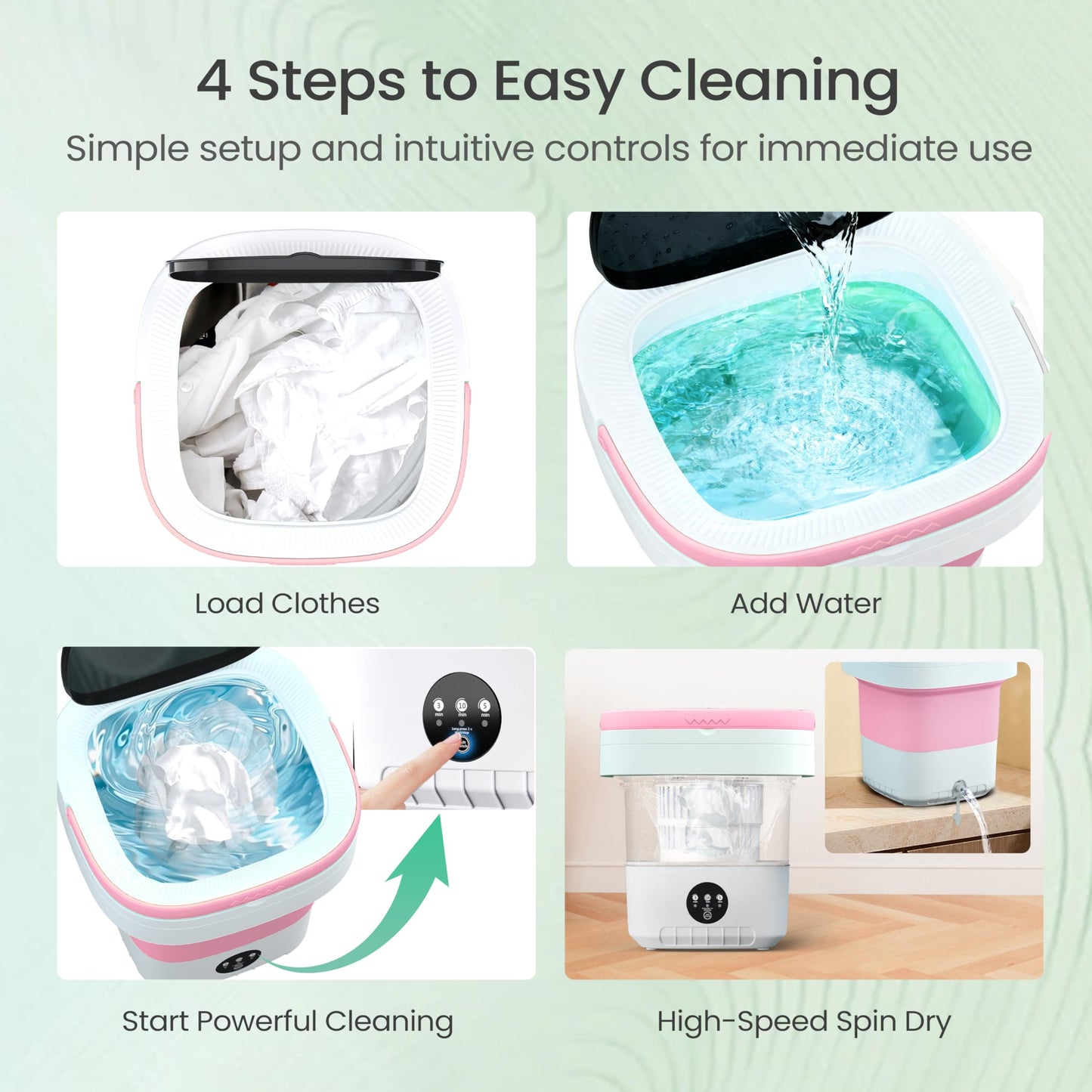 Portable Washing Machine - 16L Mini Foldable Washer with Spin Basket, 3 Cleaning Modes & Deep Cleaning for Small Clothes, Collapsible Laundry for Apartment, Home, Hotel and Travel (Pink)