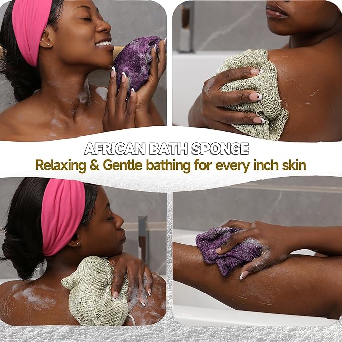SubSahara Authentic African Net Sponge - 2 Pieces Exfoliating Scrubber for All Skin Types, Bath Sponge for Face & Body, Travel Portable, Durable, Gentle Exfoliation (Berry & Sage Green)