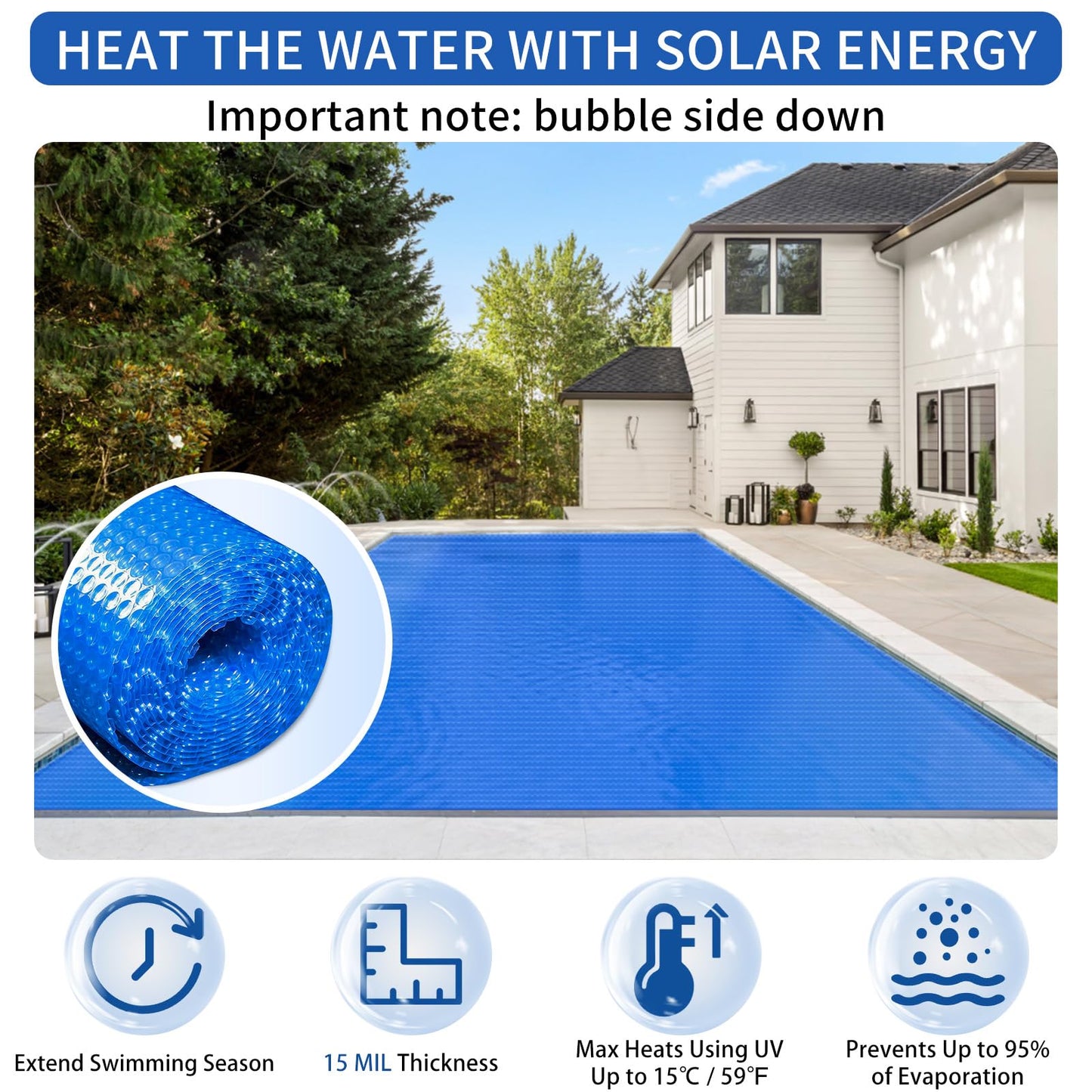 Evoio Solar Pool Covers, 6 x 12 Foot Solar Pool Blankets for Inground Above Ground Rectangular Swimming Pools, Heavy-Duty Floating Bubble Pool Hot Tub Spa Covers Thermal Blanket (6 x 12 Ft)