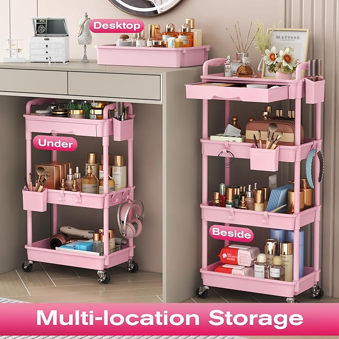 Goovilla Rolling Makeup Organizer Cart with Removable Drawer, 4 Tier Stable Pink Floor Skincare Storage Cart for Vanity, Cosmetic Display, Nail Polish, Perfume, Hair Stuff, Beauty, Bathroom(Plastic)