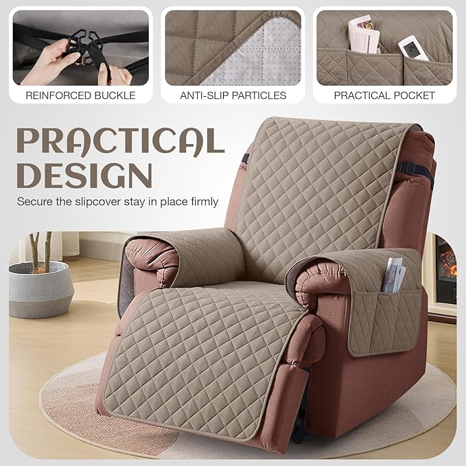 KinCam 100% Waterproof Recliner Chair Cover, Reclining Couch Covers for Pets, Dogs, Recliner Couch Slipcover Furniture Protector with Elastic Straps for Kids(23.6", Taupe)