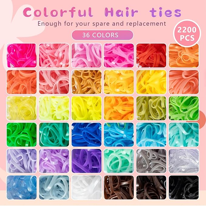 Hair Styling Kit with Hair Wax Stick, 2100 Pcs 36 Colors Hair Elastics, 1 Pink Scissors, 5 Pcs Styling Comb & Hair Tool Set, Transparent Storage Box