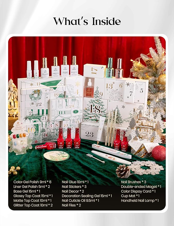 beetles Gel Polish Merry Glitzmas 2025 Gift Box – Nail Art Set with Mini LED Nail Lamp Base Top Coat and Festive Holiday Surprises Gifts for Women Girls