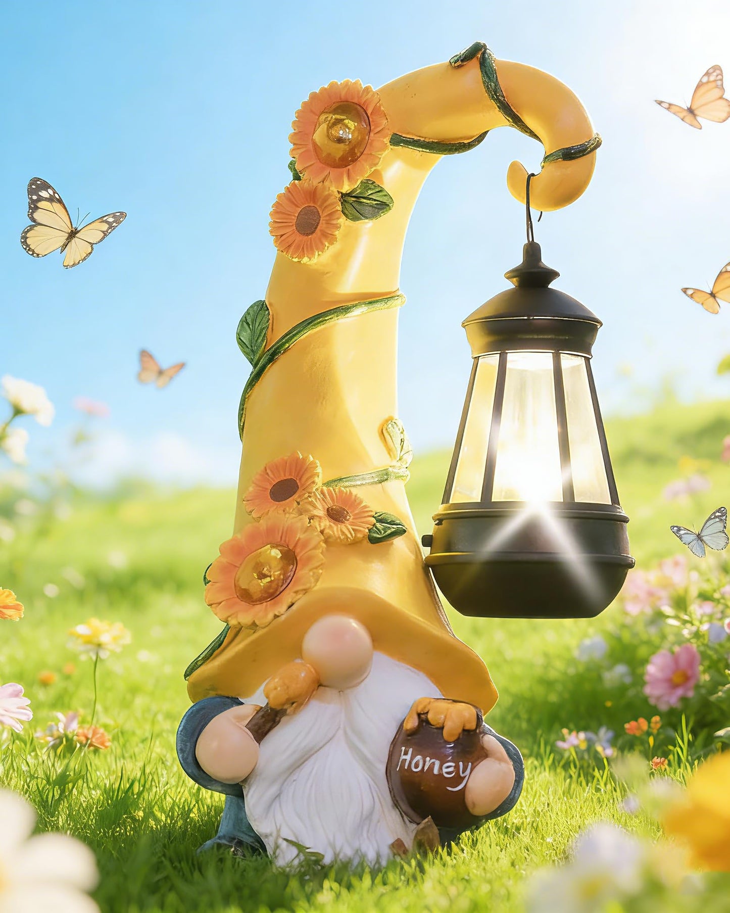Mothers Day Gifts - Garden Gnome Statue with Solar Lights Large Garden Sculptures Funny Bee Gnome Outdoor Patio Lawn Yard Garden Decor Birthday Gifts for Women Mom 12 in Summer Gnomes Outdoor
