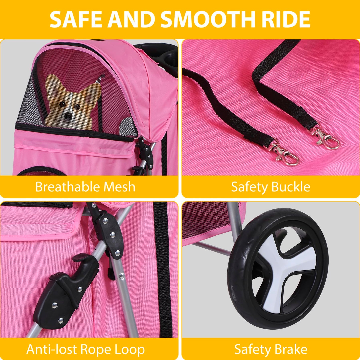 LEMY Foldable Pet Stroller,3 Wheels Cat/Dog Stroller with Weather Cover for Small/Medium Dogs and Cats,Pink Pet Strolling Cart with Storage Basket and Cup Holder