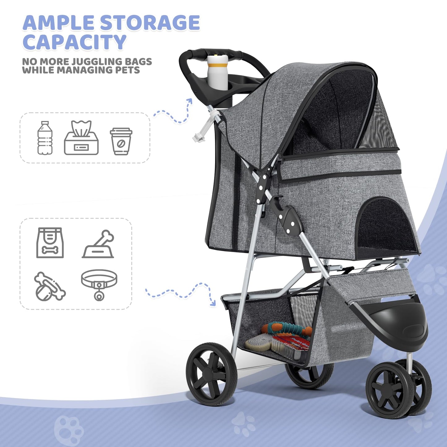 Magshion 3-Wheel Pet Stroller, Foldable Travel Jogger for Small & Medium Dogs & Cats (Up to 33lbs), Lightweight Carrier with Breathable Mesh Cover, Cup Holder & Storage Basket, Gray
