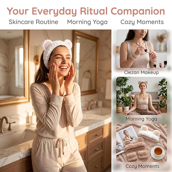 Bear Ears Headband, Cute Spa Headband and Wristband Set Washing Face Skincare Makeup Headbands for Women Girls Trendy Stuff Present Soft Coral Fleece Hair Accessories(Khaki + White)