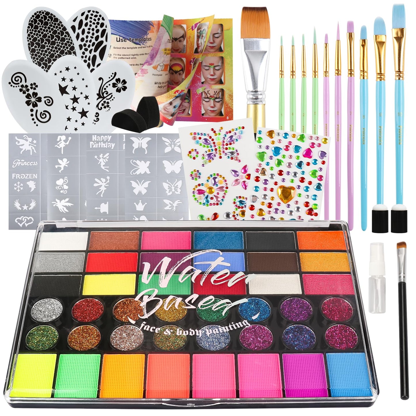 Pintada 42 Color Face Painting Kit for Party - Non Toxic Water Activated Face Paint Palette With Stencils, Brush, Gems. For Carnival, Halloween, Costume Makeup and Festivals & Events