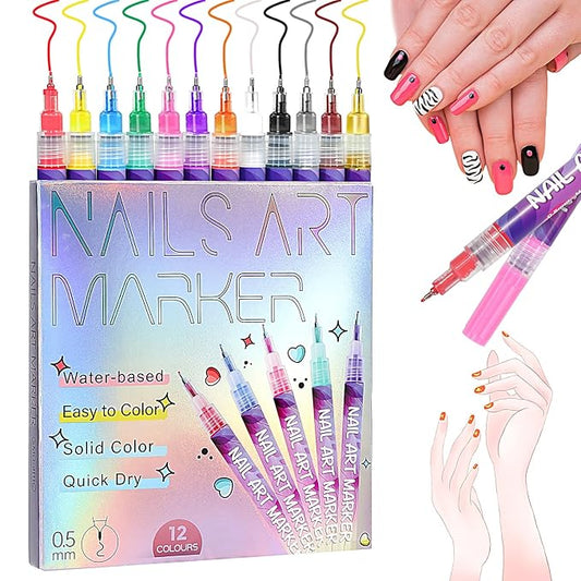 12 Colors Nail Art Pens, 0.5mm Fine Tip 3D Acrylic Polish Pen Set, Waterproof Quick-Drying Dotting Graffiti Drawing Liner Brush, DIY Nail Art Design Manicure Tools for Beginners Women Home Salon Use