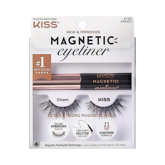 KISS Magnetic False Eyelashes and Eyeliner, ‘Charm’, 12mm, Easy to Apply, Reusable, No Glue, Flexible Band, Precision Felt Tip, Fortified Formula, 1 Pair Strip Lashes