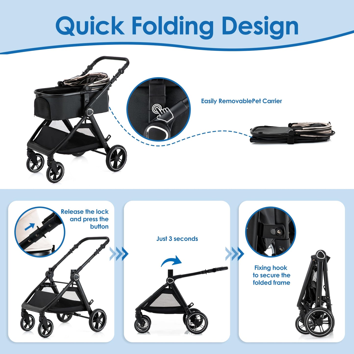 KAVELLIN Pet Stroller for Small Medium Dogs Cats Up to 50lbs, Dog Stroller with Removable Carrier, One Click Folding Pet Strollers, All-Terrain 4 Wheels Cat Strollers, Yellow