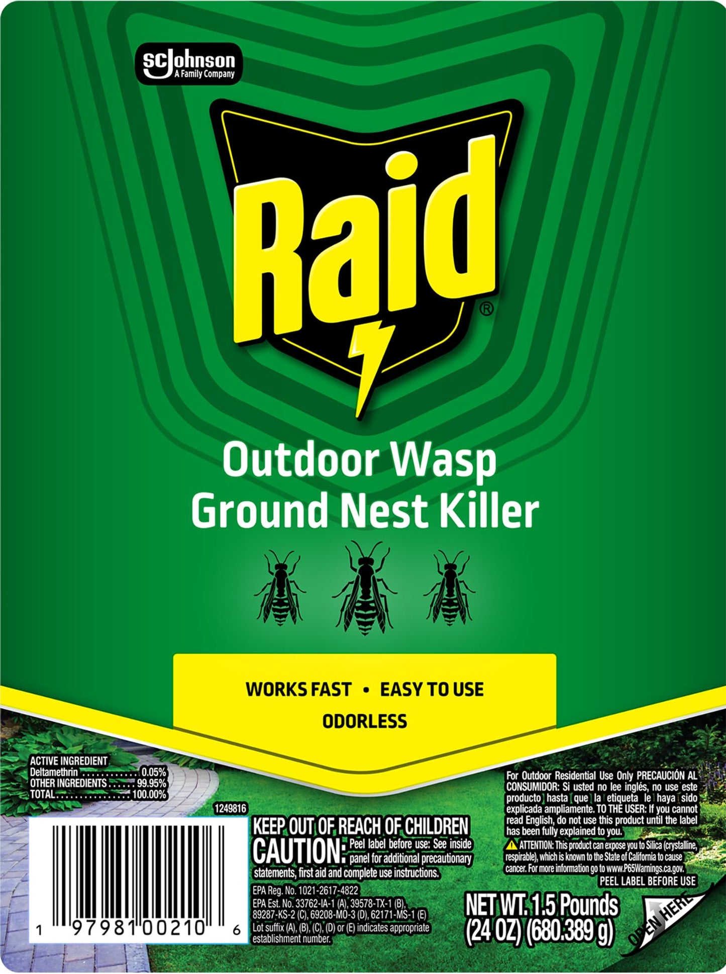 Raid Outdoor Wasp Ground Nest Killer, Dust Insecticide for Outside Household Use on Wasps, Fast-Working, Easy-to-Use and Odorless, 24 oz