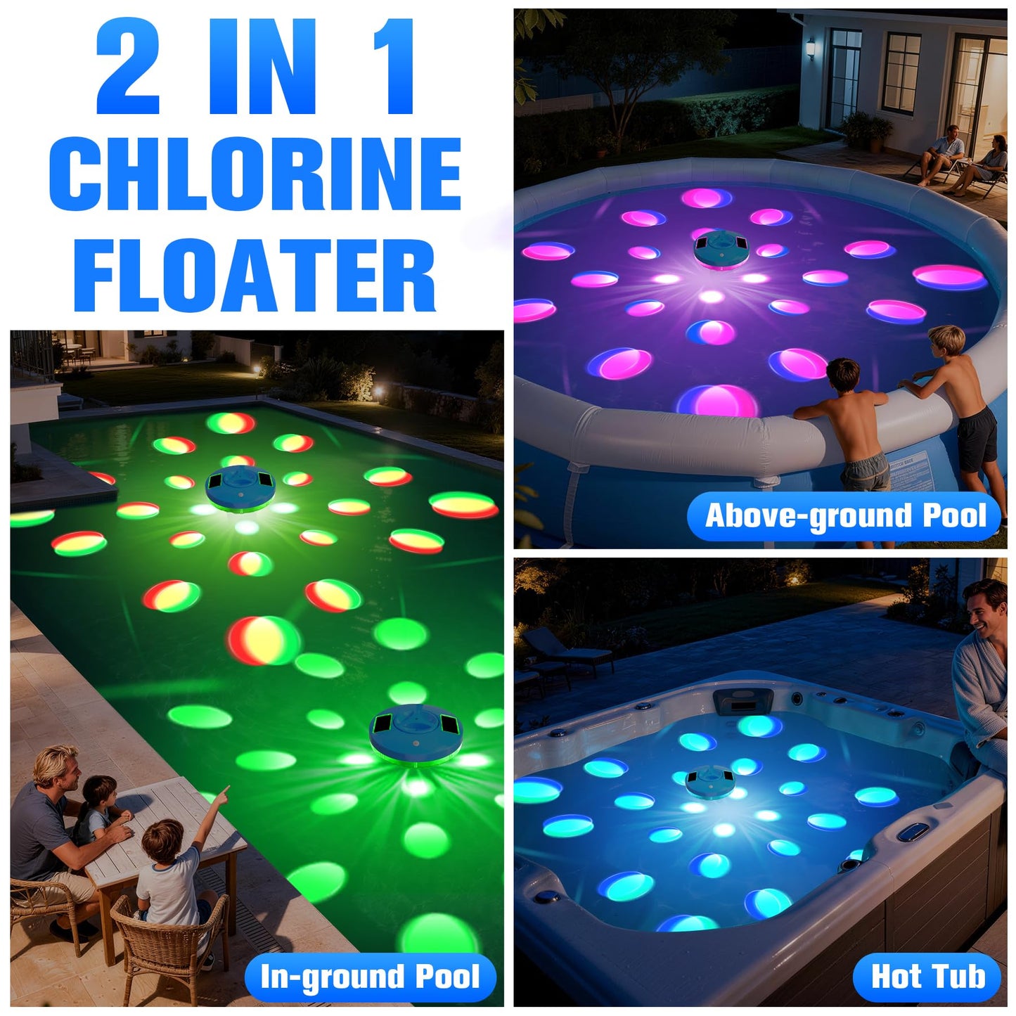 RovPool Chlorine Floater, Large Capacity Pool Chlorine Floaters for 5 * 3'' Chlorine Tabs, Solar Chlorine Floater with Lights, Adjustable Flow Floating Chlorine Dispenser for Pool, Hot Tub, Blue