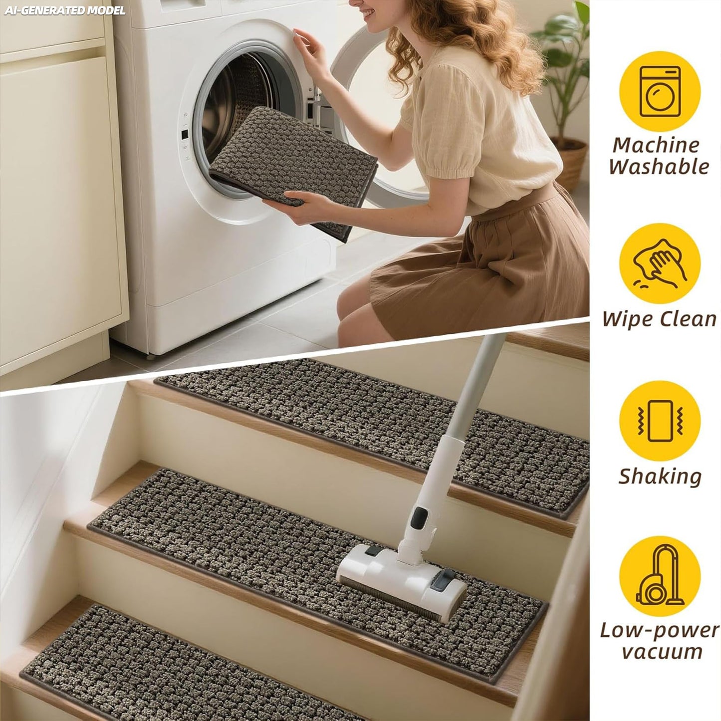 JSEI Stair Treads for Wooden Steps, 14 Pack 9" X 28" Non-Slip Machine Washable Carpet Stair Treads with TPE Backing, Soft Indoor Stair Rug Runner for Kids Elders & Pets, 100% Polyester, Greyish Brown