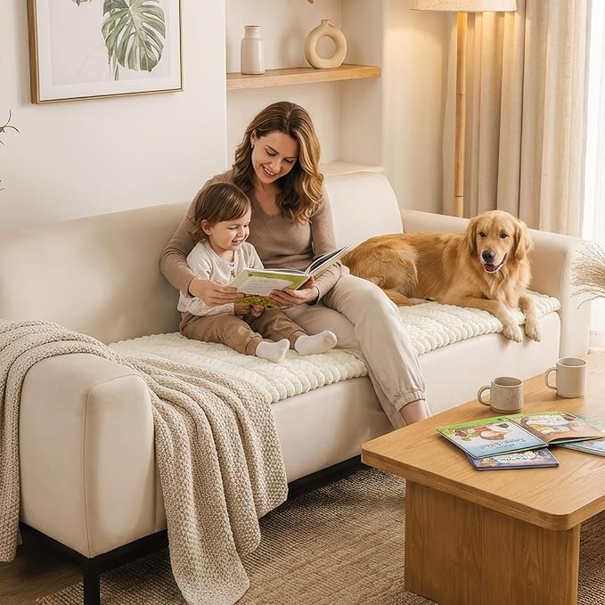 Smiry Non Slip Couch Covers for Dogs, Fuzzy Pet Couch Covers for 2-3 Cushion Sofa Pet Friendly, Soft Sofa Slipcovers Cushion Furniture Protector Washable (Beige, 27.6" x 59")