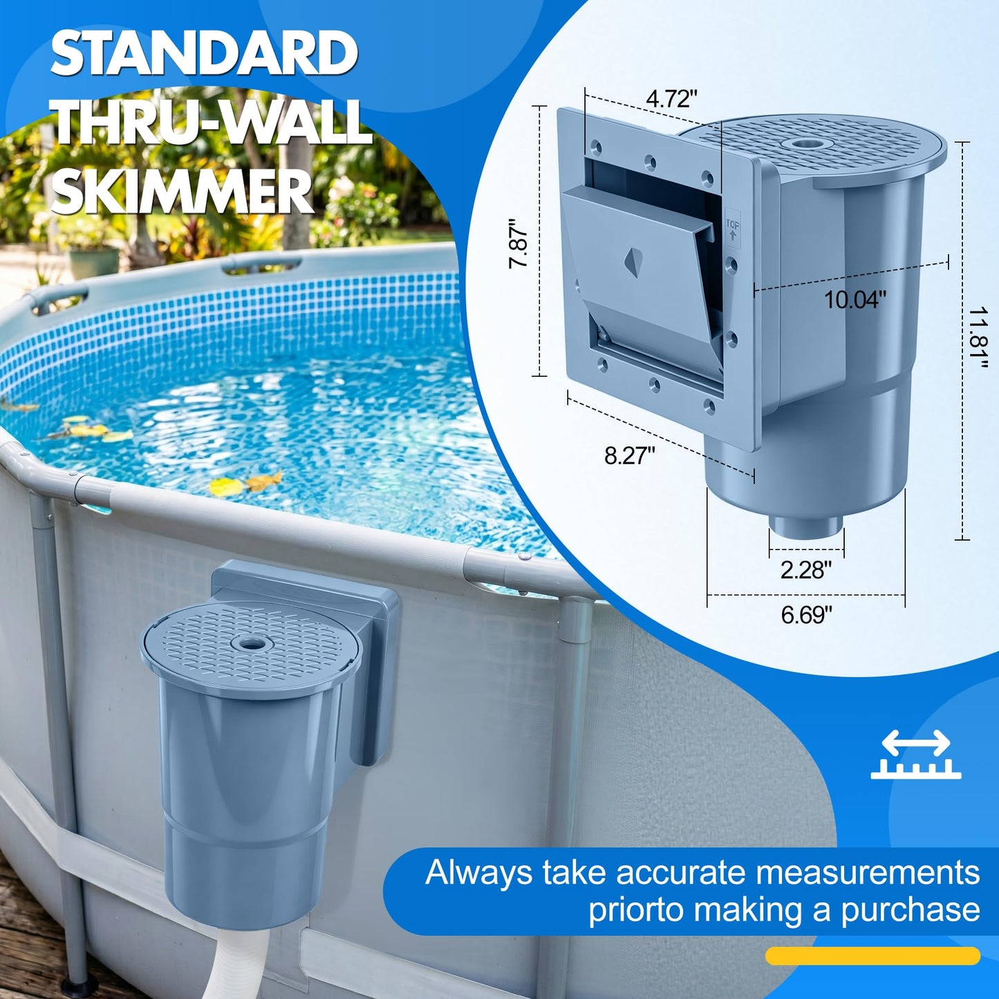 DeeprClean Through Wall Skimmer for Above Ground Pool, Heavy Duty Wall Mount Pool Skimmer Kit, Universally Fits All Standard Pool Wall Openings, In Wall Pool Surface Skimmer for Above ground Pool-Blue