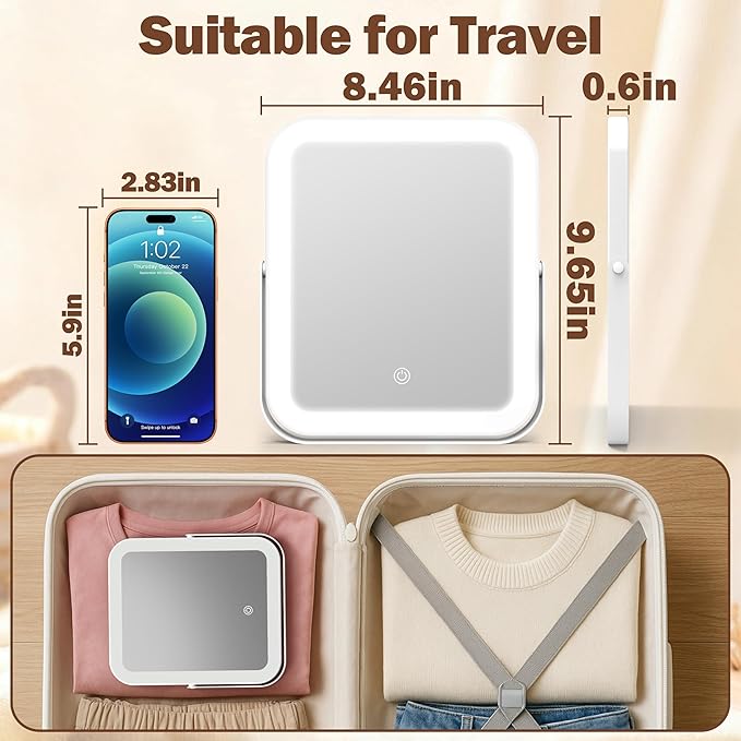 ROLOVE Travel Makeup Mirror with Lights, Ultra-Thin Aluminum Lighted Vanity Mirror, 8"x10" Rechargeable LED Mirror for Travel & Desk, 3 Color Dimmable Portable Folding Mirror, Gifts for Women
