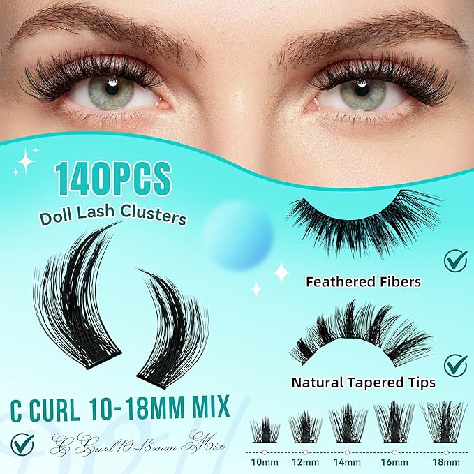 Manga Lash Clusters Fairy Eyelash Extension DIY 168pcs C Curl Anime Lashes Extensions Wispy Eyelashes Cluster with Thin Band Volume Individual Lashes False Eyelashes At Home (Doll, C-10-18mm)
