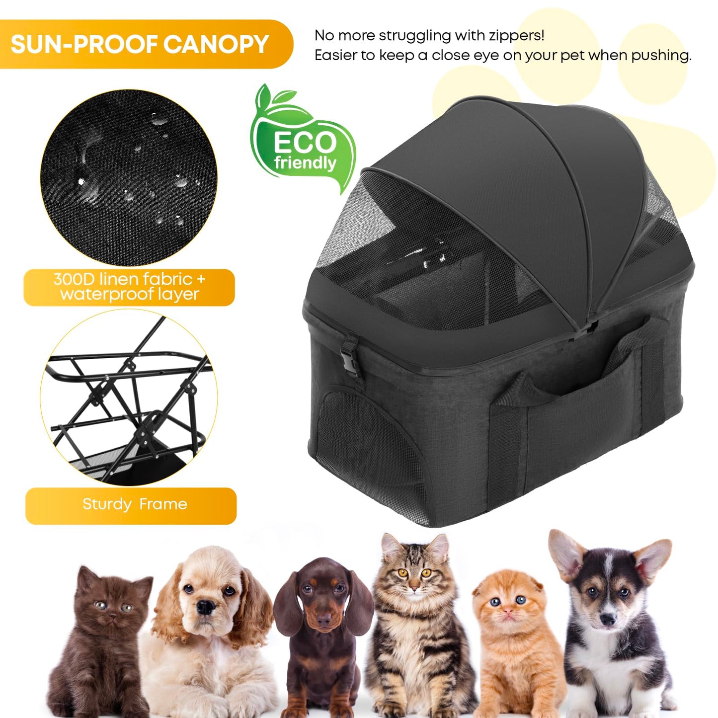 2-in-1 Foldable Pet Stroller with Canopy, 4 Wheels Pet Strolling Cart for Small/Medium Dogs and Cats with Removable Carrier,Breathable Mesh,Mom Tote Bag,Cup Holders,Easy Assembly,Black