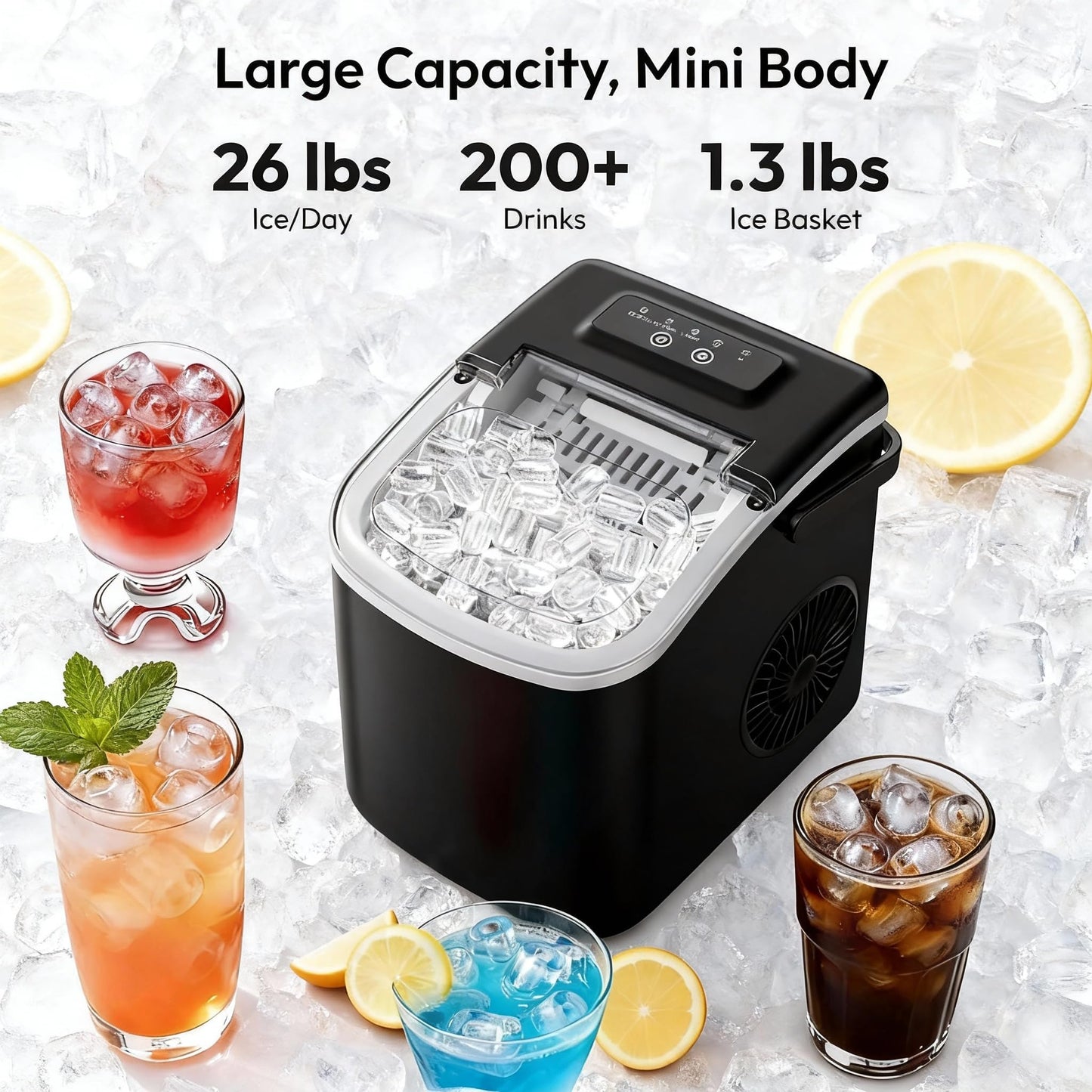 Small Portable Countertop Ice Maker, 26lbs/24H Ice Machine with Self-Cleaning, 6-8 Mins Fast Ice Making,Quiet Operation, Compact Ice Maker with Handle for Home Kitchen Camping RV (Black, 26lbs)