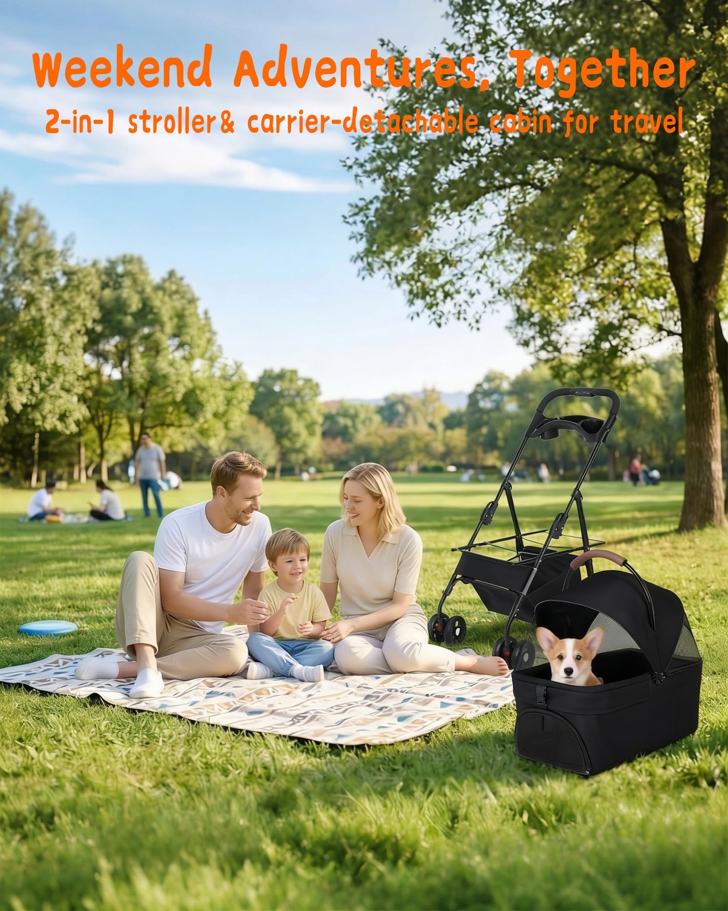 Pet Stroller with Removable Carrier, 35lbs Capacity - One-Click Foldable Dog Stroller, Cat Carrier & All-Terrain Wheels, Compact Travel Pet Stroller for Small to Medium Pets-Black