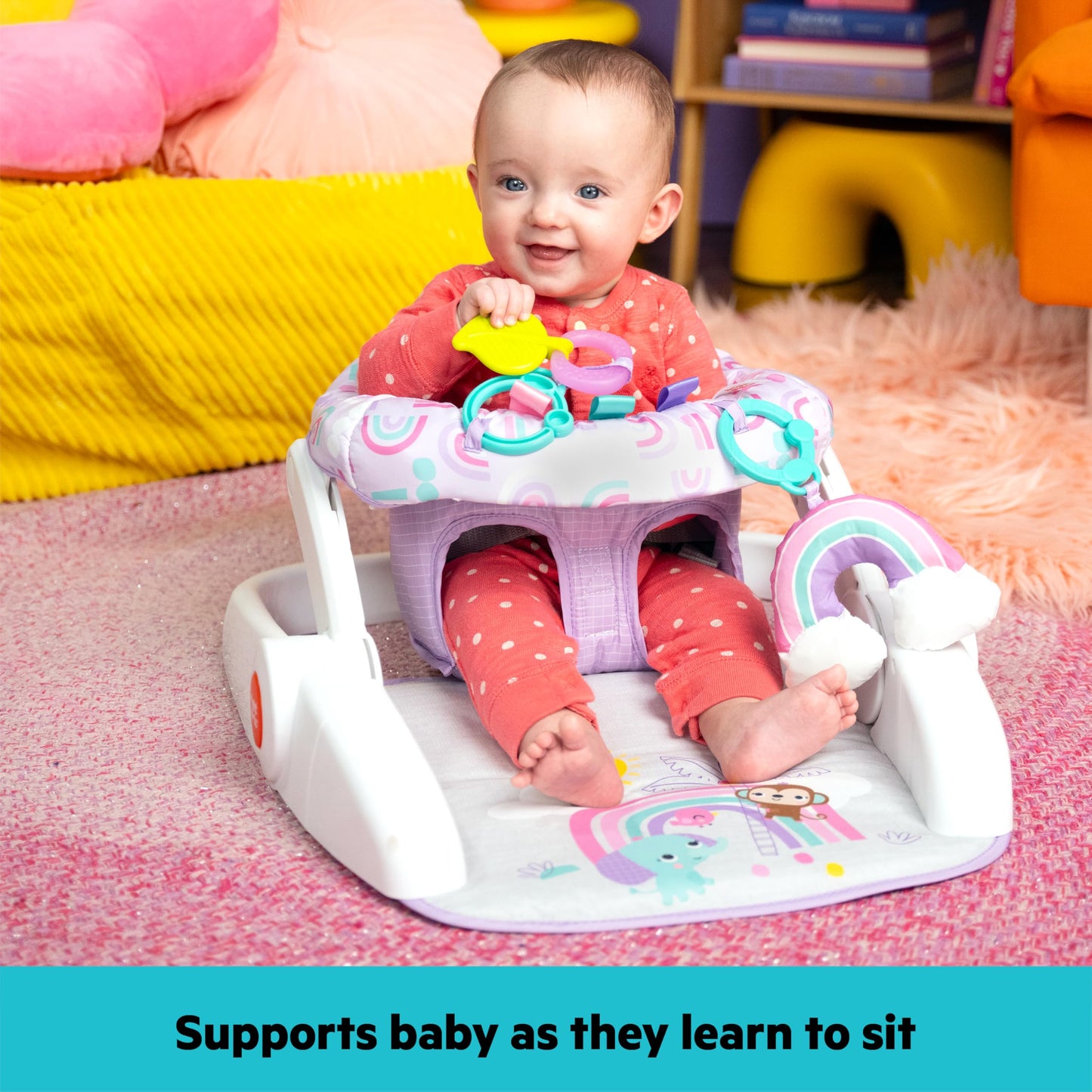 Bright Starts Learn-to-Sit Baby Floor Seat, 2-Positions Grow with Infant, Portable Baby Chair, Includes Sensory Toys, Unisex, 4-12 Months, Purple Paradise