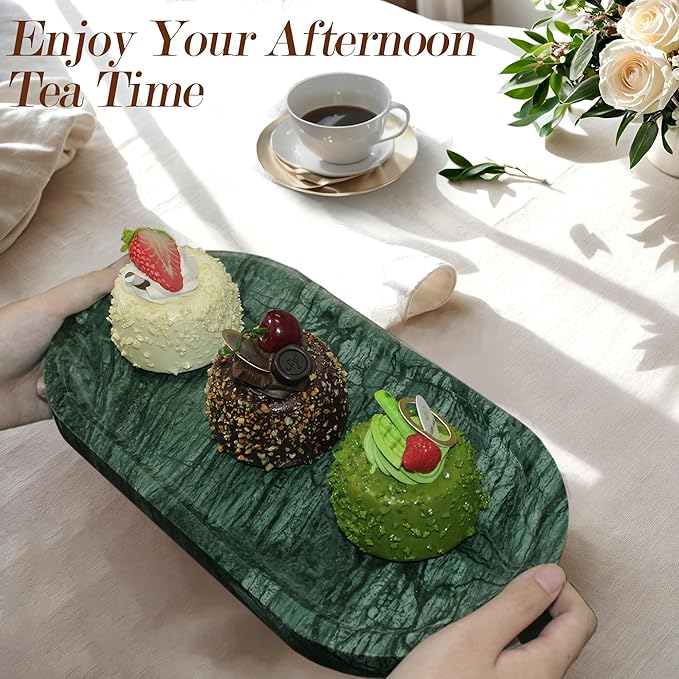 YMXYJM Genuine Real Natural Marble Tray for Bathroom, Luxury Indian Green Stone Vanity Tray, Decorative Oval Trays for Countertop Storage Organizer, Dresser, Kitchen, Home Decor, 11.8" x 6", Green