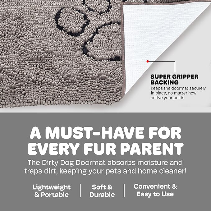 Dog Gone Smart Dirty Dog Doormat - Fast Drying Rug with Super Gripper Backing for Clean Floors - Super Absorbent and Machine Washable Mat for Muddy Paws - Grey