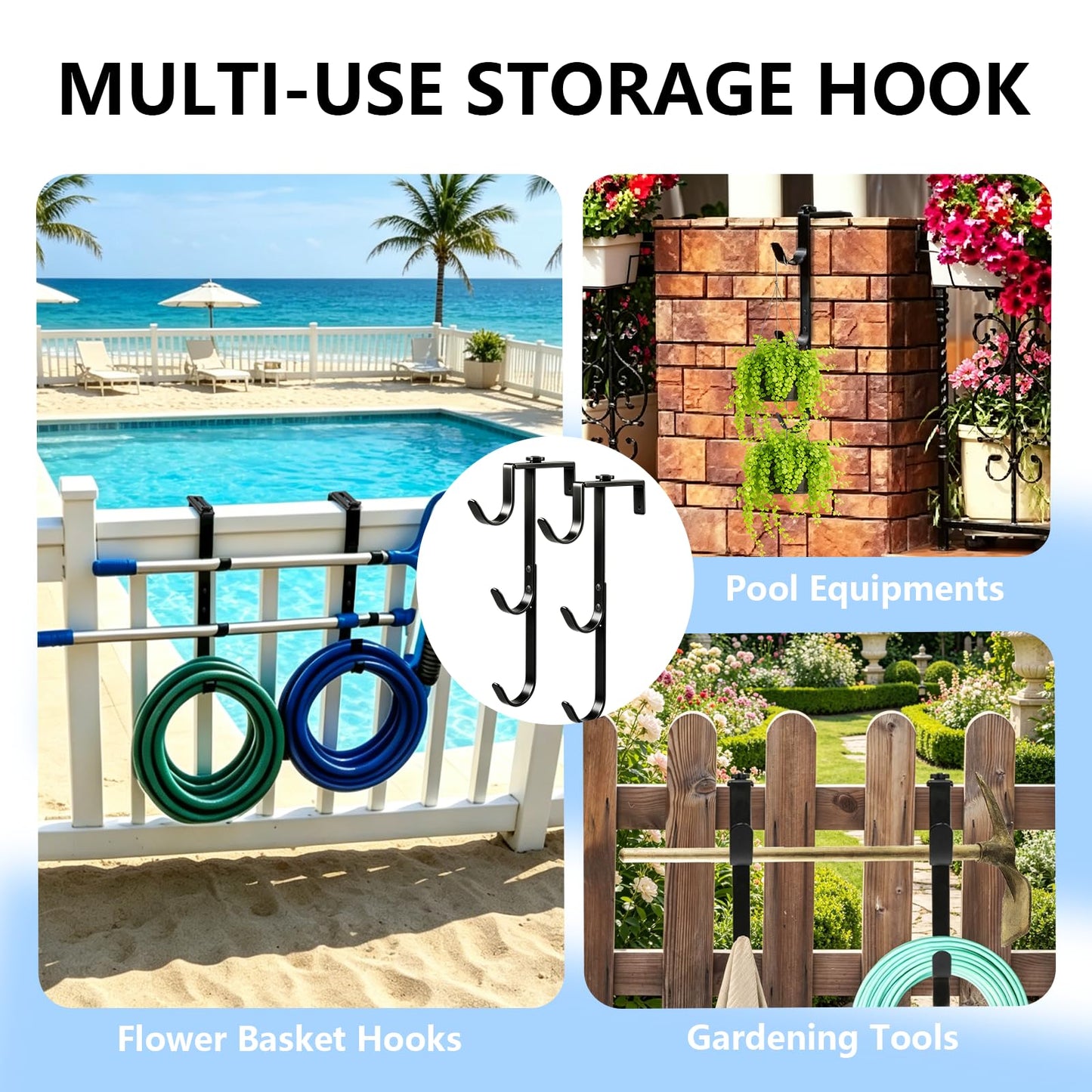 2 Pack Upgraded 3-Tier Pool Fence Hooks for Pool Equipment, Adjustable Heavy Duty Pool Pole Hanger Holder, Rustproof Hooks for Pool Skimmer Pole Vacuum Hose Net Leaf Rakes Garden Tool Organizer