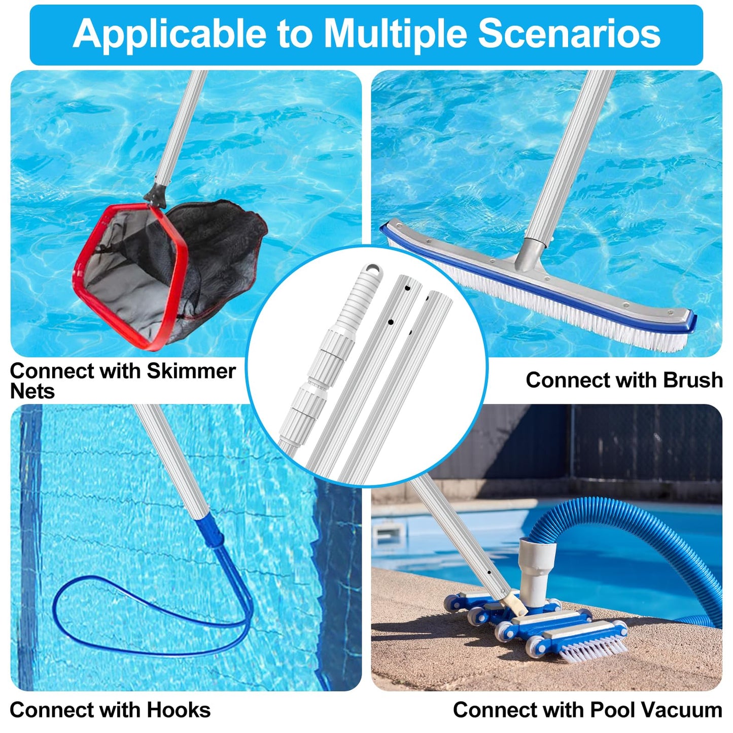 YEECHUN Professional Thicken 12 Foot Swimming Pool Pole Telescopic Aluminum Fits Pool Net Skimmer Rake Vacuum Head Brush Cleaning Equipment Heavy Duty,for Skimmer Nets, Vacuum Heads and Brushes
