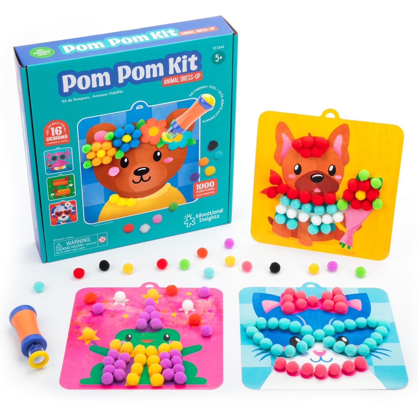 Educational Insights Pom Pom Kit: Animal Dress Up - Arts and Crafts for Kids 4-6, DIY Arts & Crafts Kits, Kids No Mess Activities, Preschool and Kindergarten Crafting Set, Toddler Craft Supplies