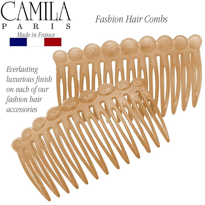 Camila Paris CP2892/2 French Hair Side Comb Small Rounded, Beige French Twist Hair Combs Decorative, Strong Hold Hair Clips for Women Bun Chignon Up-Do Styling Girls Hair Accessories, Made in France