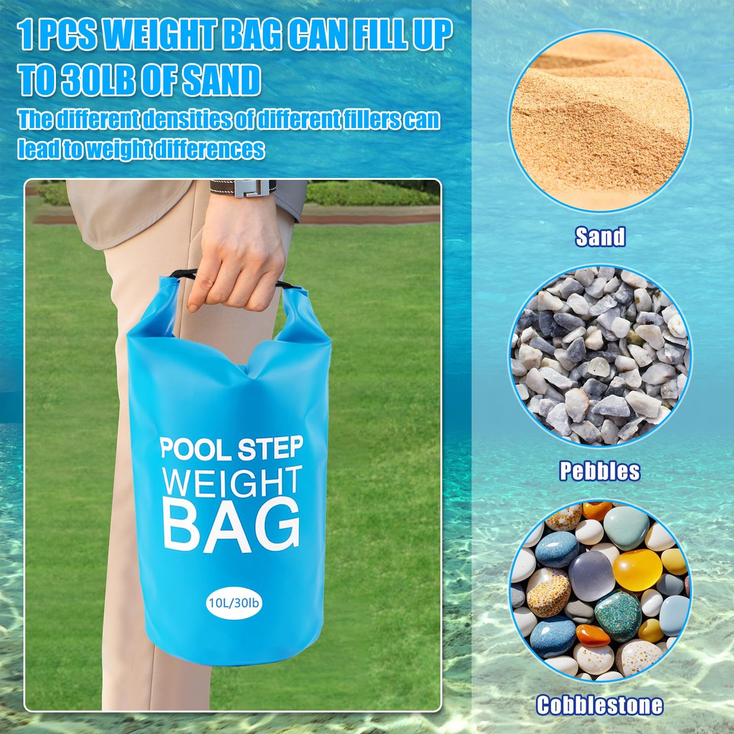 2 Pack 30lb Universal Pool Ladder Weights, No Breaken Pool Step Weights for Above Ground Pools, 500D PVC Waterproof Pool Stair Weights Pool Sand Bags for Above Ground Swimming Pools Stair (Sky Blue)