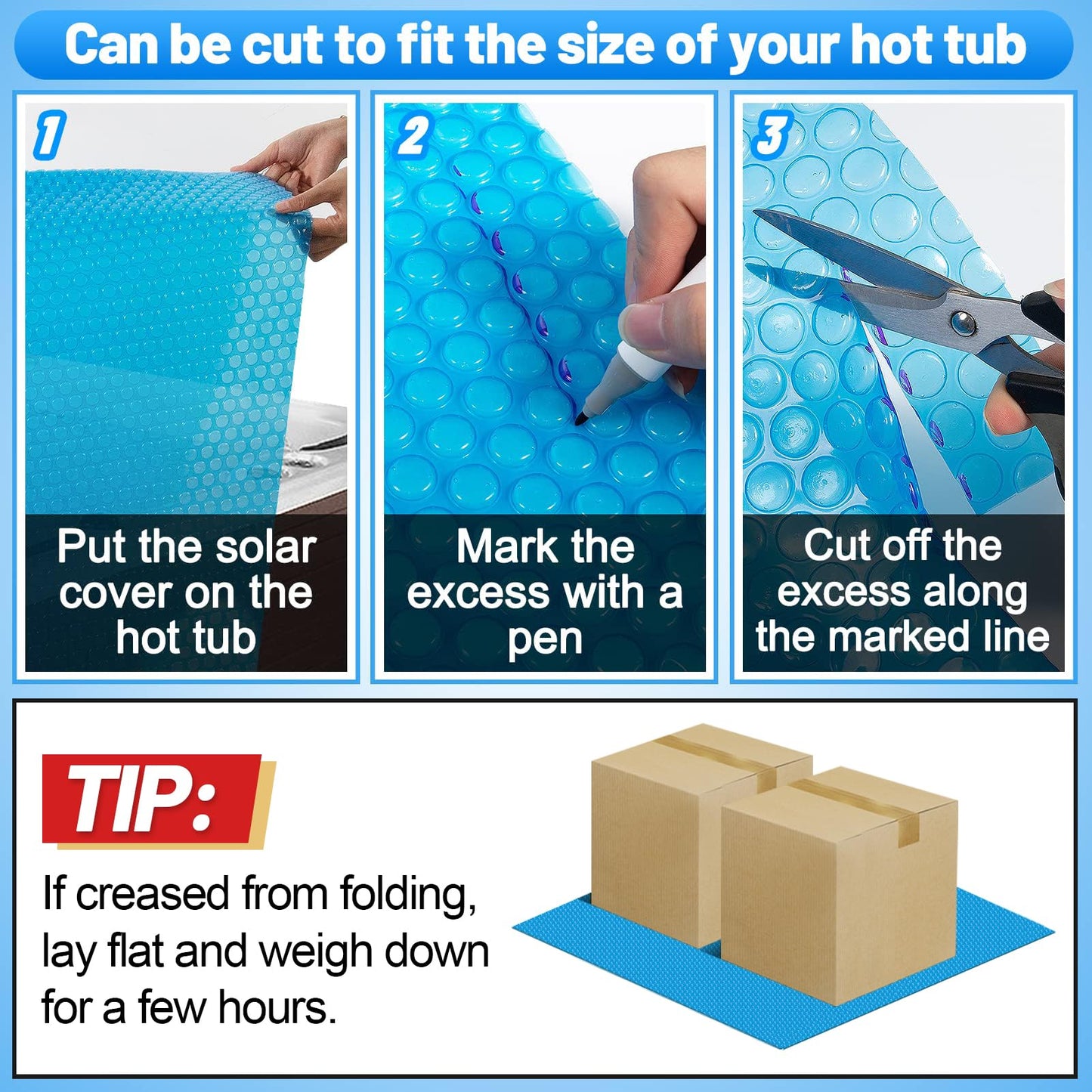 MADHOLLY Spa Hot Tub Cover for Heat Retention - 7×7FT Square 16-Mil Heavy-Duty Bubble Solar Blanket for Preventing Water Evaporation, Easy to Cut and Clean (210 × 210 CM)