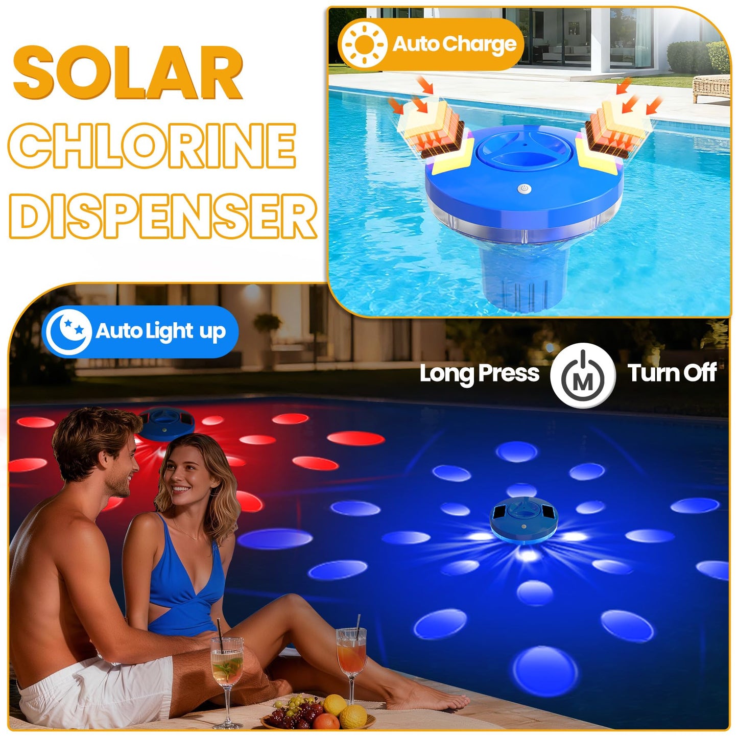 AquClor 2026 New Pool Chlorine Floater,Large Capacity Chlorine Floaters for 5 * 3'' Chlorine Tabs,Solar Chlorine Floater w/Light,Adjustable Floating Chlorine Dispenser for Pool,Hot Tub,Blue