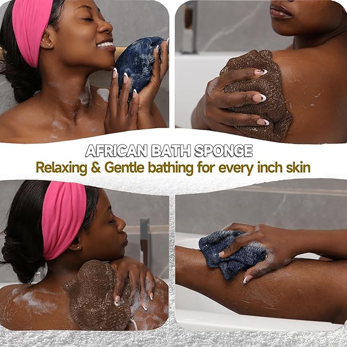 SubSahara Authentic African Net Sponge - 2 Pieces Exfoliating Scrubber for All Skin Types, Bath Sponge for Face & Body, Travel Portable, Durable, Gentle Exfoliation (Navy Blue & Brown)