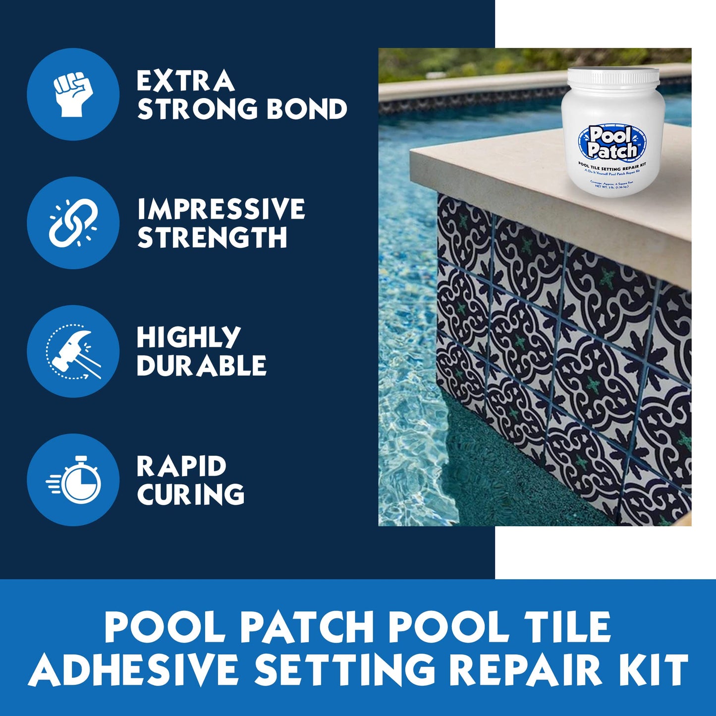 Pool Patch Pool Tile Adhesive Setting Repair Kit 3 lb - Easy to Mix and Apply Thinset Formula - Perfect to Glue Pool Tile - Quick-Drying, Extra Strong Bond - (coverage: approx. 6 sq. ft)